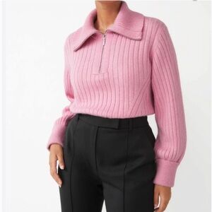 & OTHER STORIES Ribbed Quarter Zip Wool Blend Pink Sweater Sz S